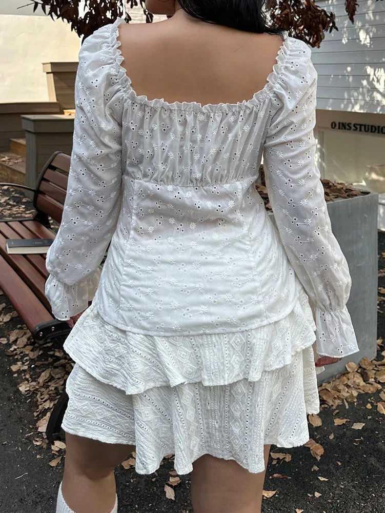 Plus size feminino cor sólida querida pescoço manga longa plissado bordado blusa elegante primavera verão novo