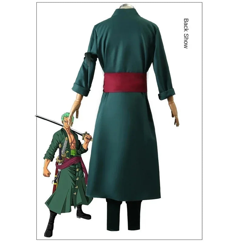 Anime Roronoa Zoro Cosplay Costume Uniform Green Coat Pants Head Scarf Roronoa Zoro Wig Earrings Halloween Carnival Men Clothes