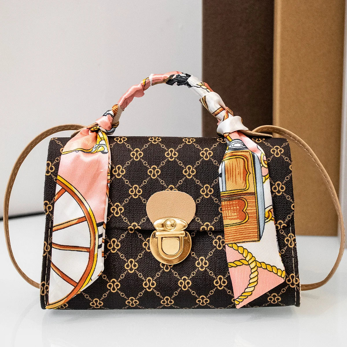 Casual Versatile Floral Print Shoulder Bag Simple Design Silk Scarf Handbag Fresh Sweet Style PVC Material Small Square Bag