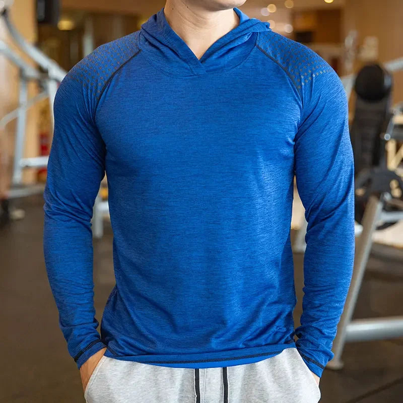 Autumn Gym Men T Shirt Casual Long Sleeve Slim Tops Tees elastic T-shirt Sports Fitness breathable Quick dry Hooded T Shirt