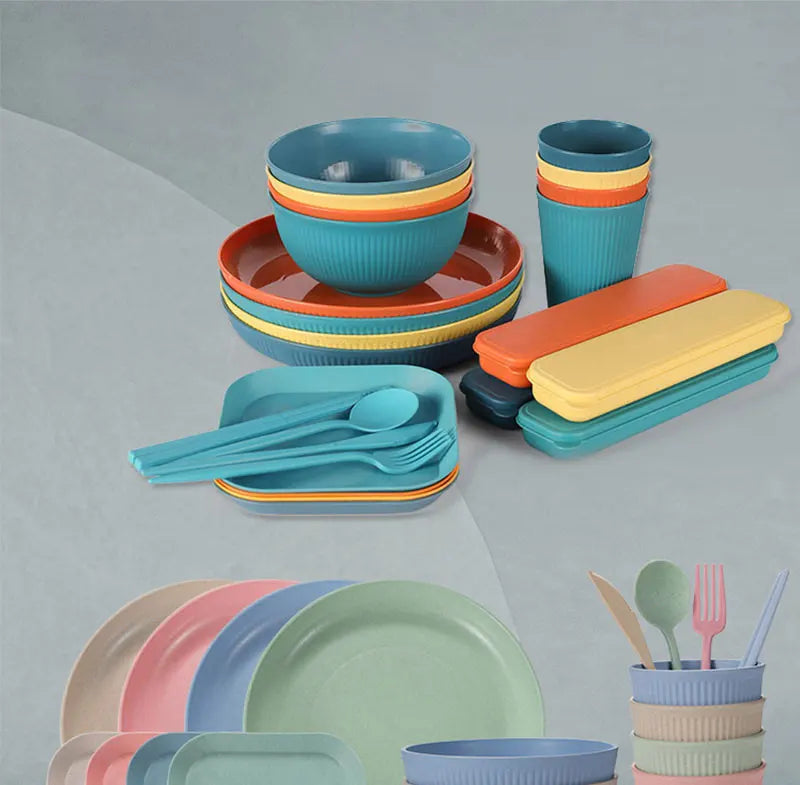 36pcs Plate Sets Wheat Straw Eco-Friendly Ramen Bowl Tableware Dinner Dishes Set Camping Tableware Set With Knife Fork Spoon