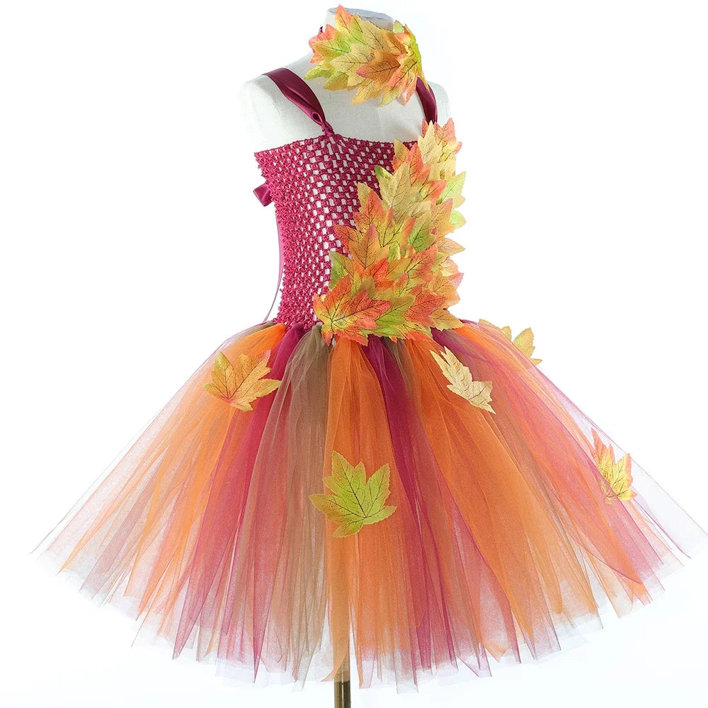 Fairy Costume for Girls Forest Woodland Autumn Fairy Tutu Dress Up Maple Leaves Halloween Thanksgiving Tulle Princess Dress 1-12T