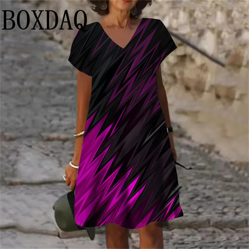 Plus Size 6XL Women's Fashion Geometric Pattern Print Short Dress Summer Casual V-Neck Short Sleeve Elegant Loose Mini Dresses