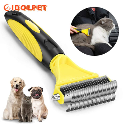Cepillo de aseo de acero inoxidable para mascotas, de dos caras, para quitar el pelo suelto y desenredar la capa interna, peine rastrillo para perros y gatos, elimina nudos y enredos fácilmente.