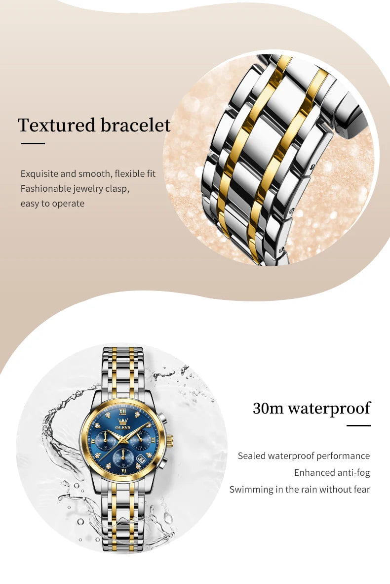 Relógio feminino Olevs de luxo quartzo a prova de agua calendário de pontos elegantes em estilo diamante