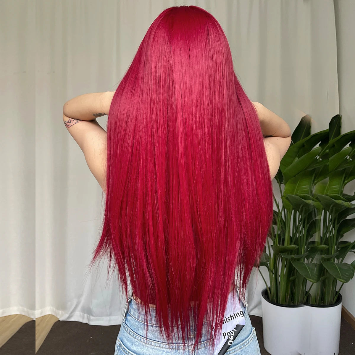Light Wine Red Synthetic Wigs With Bangs for Women, Long Straight Hair Wig, Natural Cosplay Party, Heat Resistant