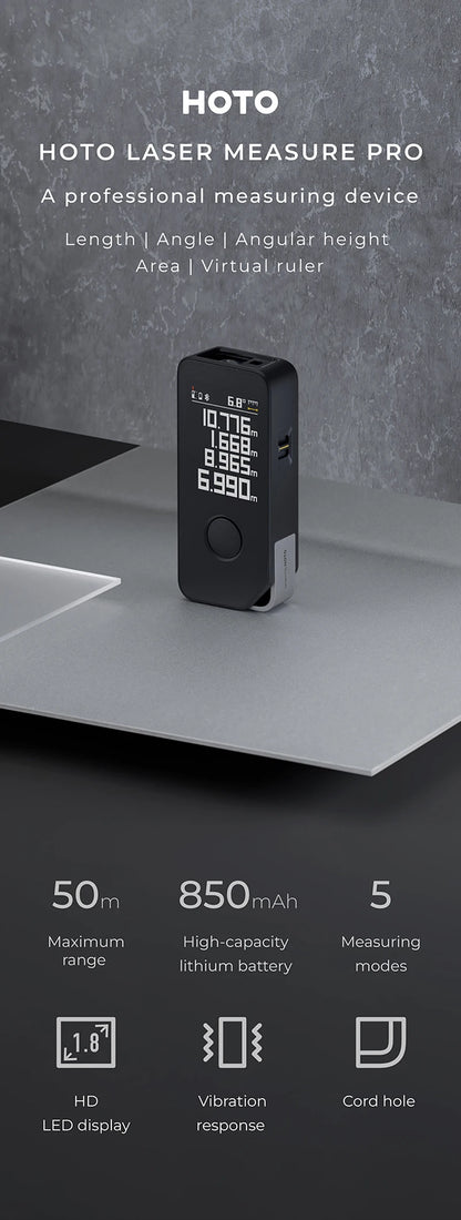 HOTO Smart Laser Measure Pro LED Display Intelligent Digital Laser Tape Measuring Tool Rechargeable Laser Ruler Rangefinder