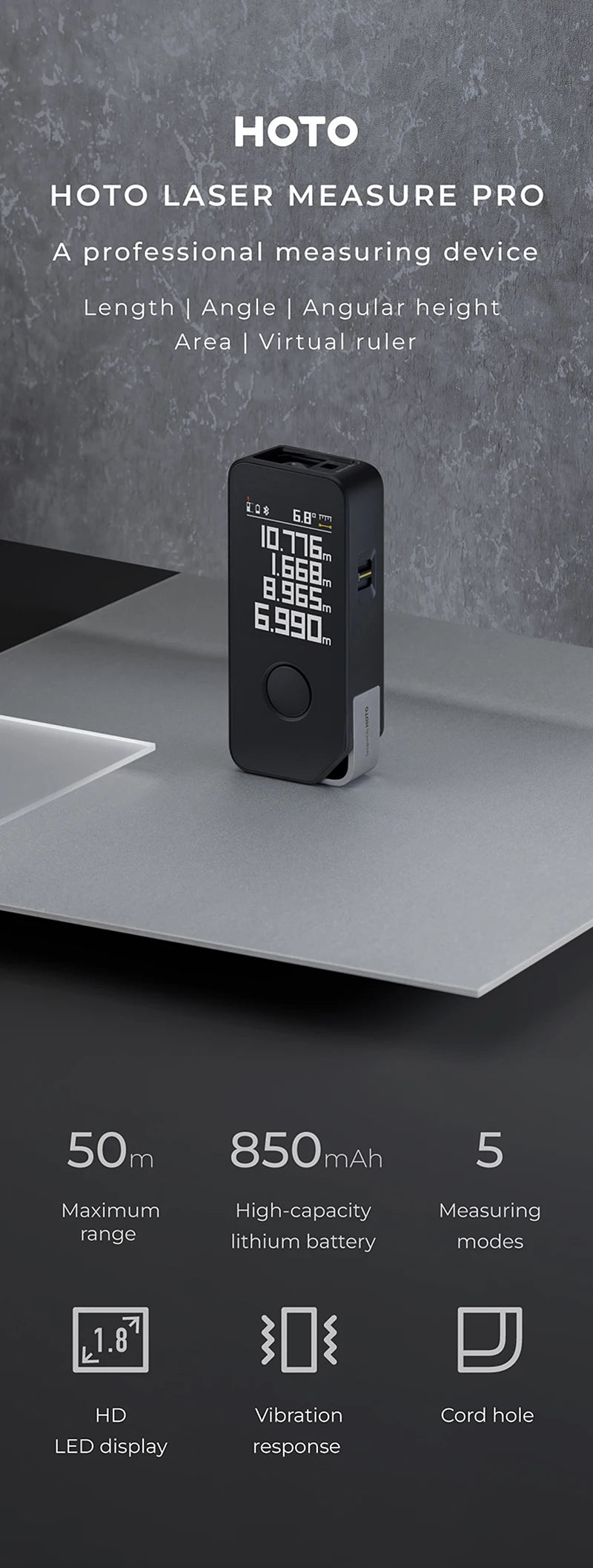 HOTO Smart Laser Measure Pro LED Display Intelligent Digital Laser Tape Measuring Tool Rechargeable Laser Ruler Rangefinder