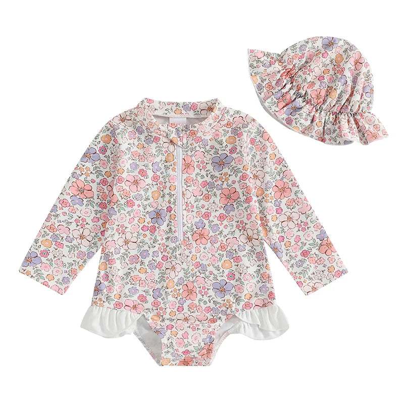 Traje de baño de verano para niñas pequeñas, estampado floral, sin espalda, con volantes, manga larga, ropa de playa para niñas de 0 a 4 años