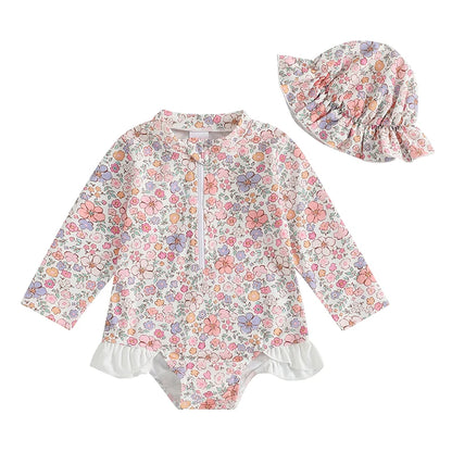 Traje de baño de verano para niñas pequeñas, estampado floral, sin espalda, con volantes, manga larga, ropa de playa para niñas de 0 a 4 años