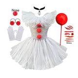 Fantasia Infantil de Palhaço Pennywise Assustador para Meninas – Vestido de Tule com Babados e Sem Mangas, Inclui Acessórios Completos – Ideal para Festas de Aniversário, Bailes de Máscaras e Halloween