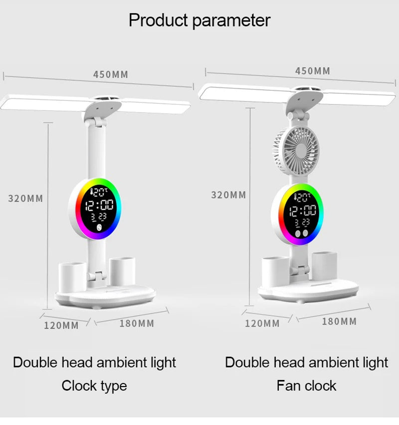 Rechargeable Led Table Lamp for Study Desk Lamp Reading Light Led Night Light with Fan Led Clock Dispaly Reading Desk Light