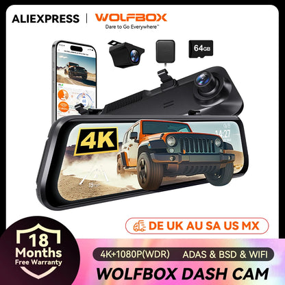WOLFBOX G850 PRO 4K WIFI Mirror Dash Cam with ADAS and BSD 5.8GHz WiFi  Voice Control Car DVR  Rearview Mirror 12inch