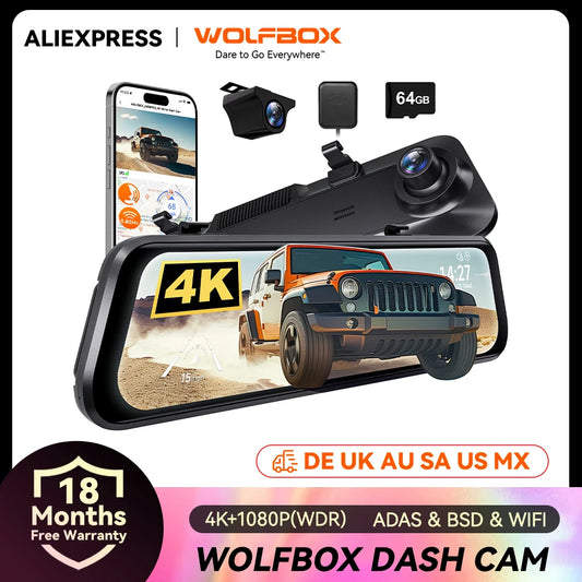 WOLFBOX G850 PRO 4K WIFI Mirror Dash Cam with ADAS and BSD 5.8GHz WiFi  Voice Control Car DVR  Rearview Mirror 12inch
