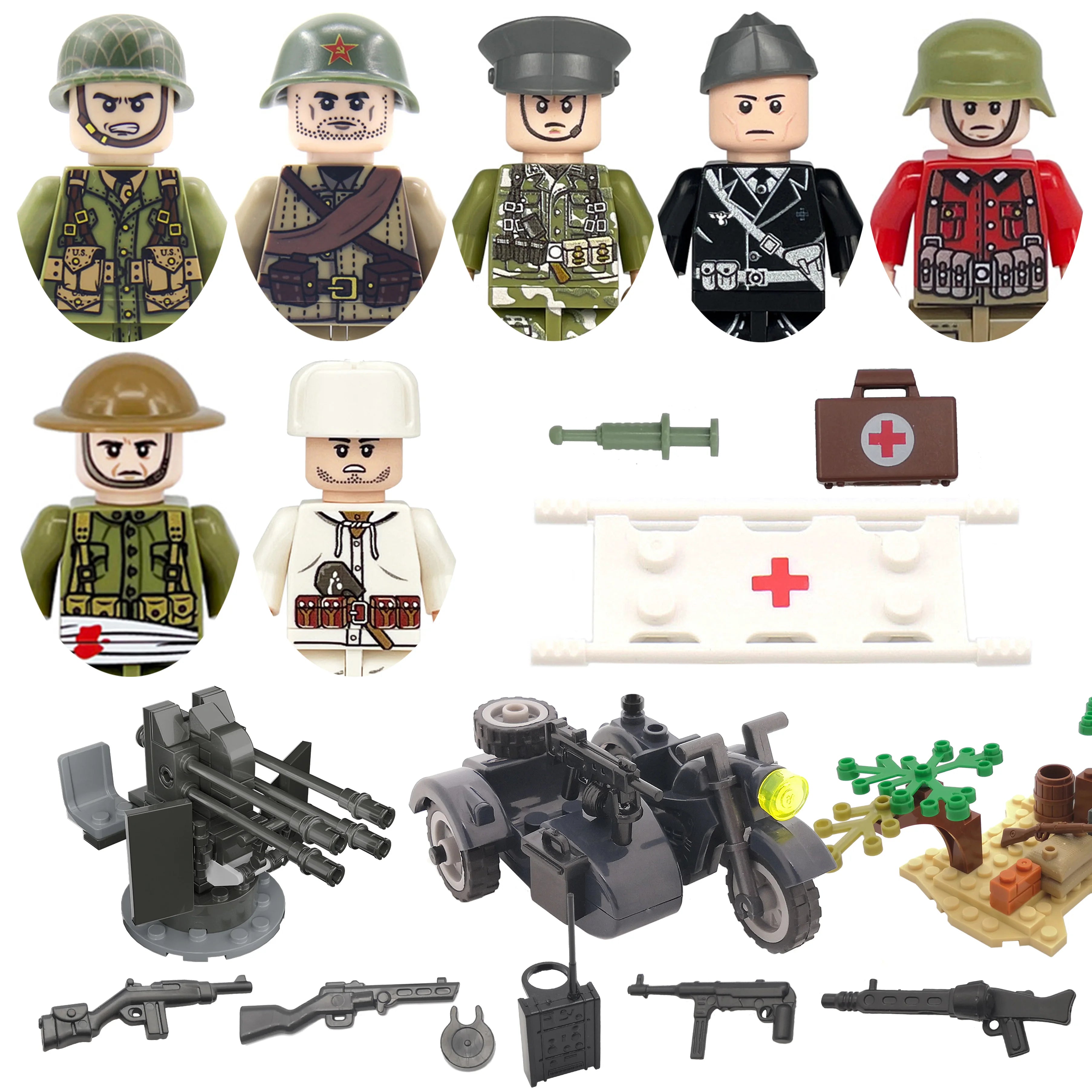 Military WW2 Tanks Tiger Sherman T34 Panzer Vehicle Airplane Army Soldier Weapons Model Building Block Brick Children Kids Toys