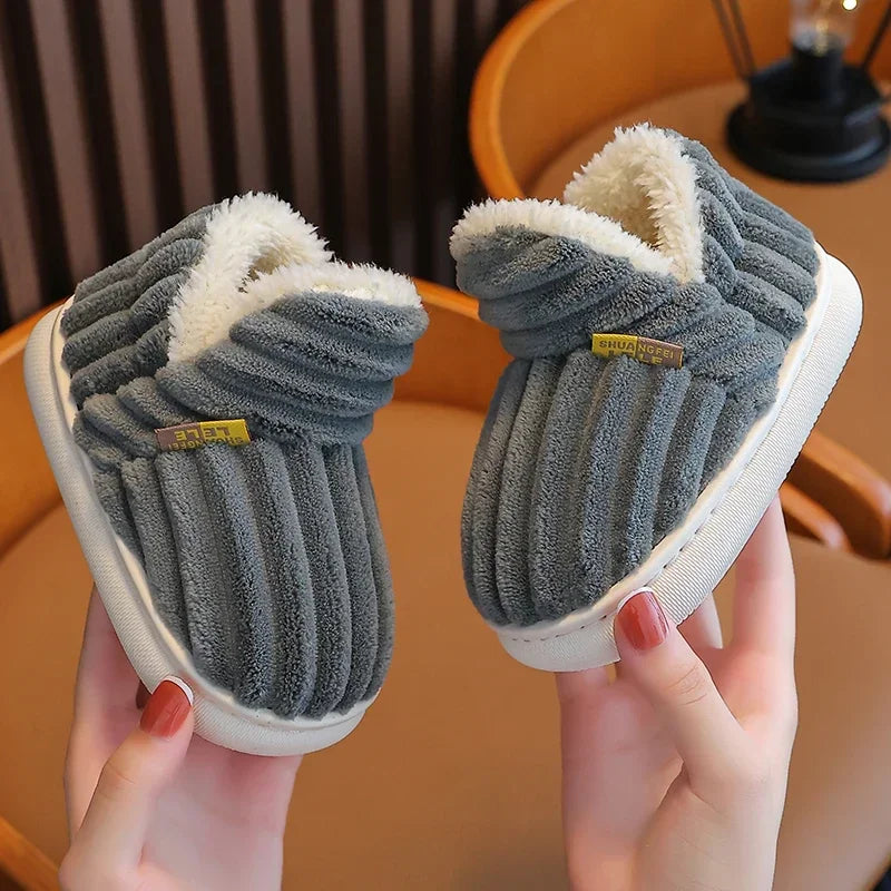 New Winter Concise Stripe Plush Slippers Children's Non-slip Soft Sole Kids Boys Girls Heel Wrap Warm High Home Cotton Shoes