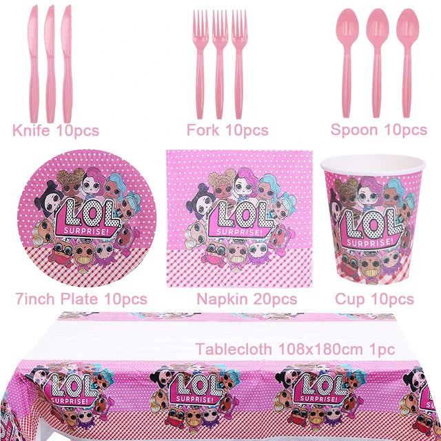 LO&amp;Ling-Cartoon Theme Party Decoration, Disposable Tableware, Hanging Banner, Whistle Mask, Baby Shower, Photo Prop, Girl Birthday 