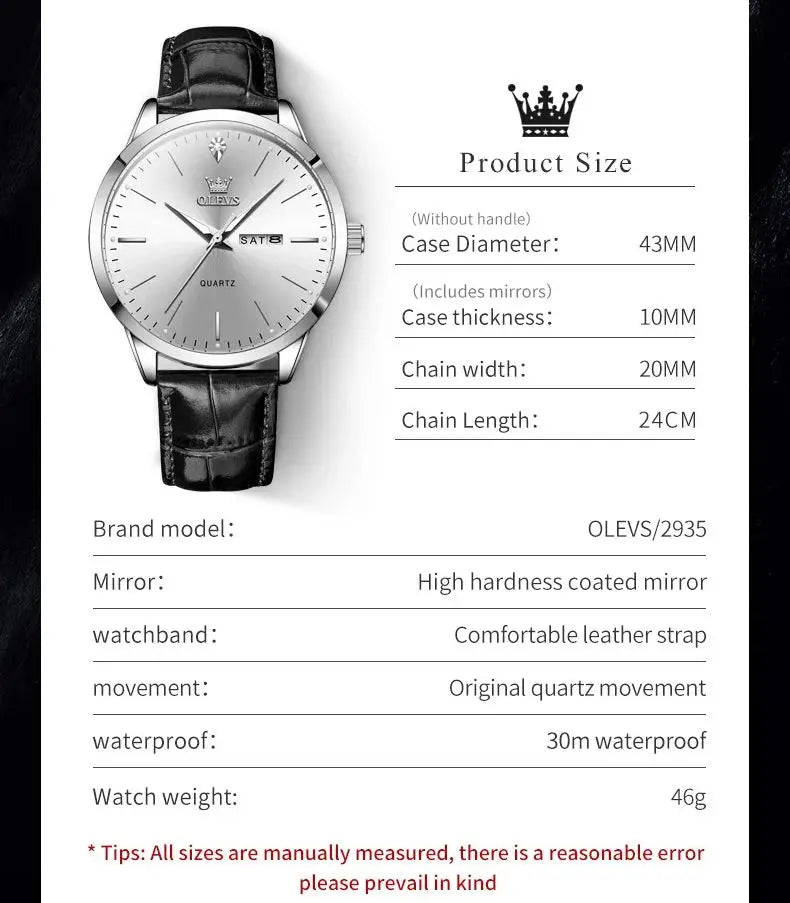 Reloj de vestir de cuarzo OLEVS 2935 con calendario dual para hombre, sencillo y original, de cuero, resistente al agua, luminoso, para negocios.