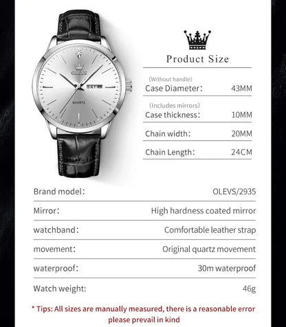 Reloj de vestir de cuarzo OLEVS 2935 con calendario dual para hombre, sencillo y original, de cuero, resistente al agua, luminoso, para negocios.