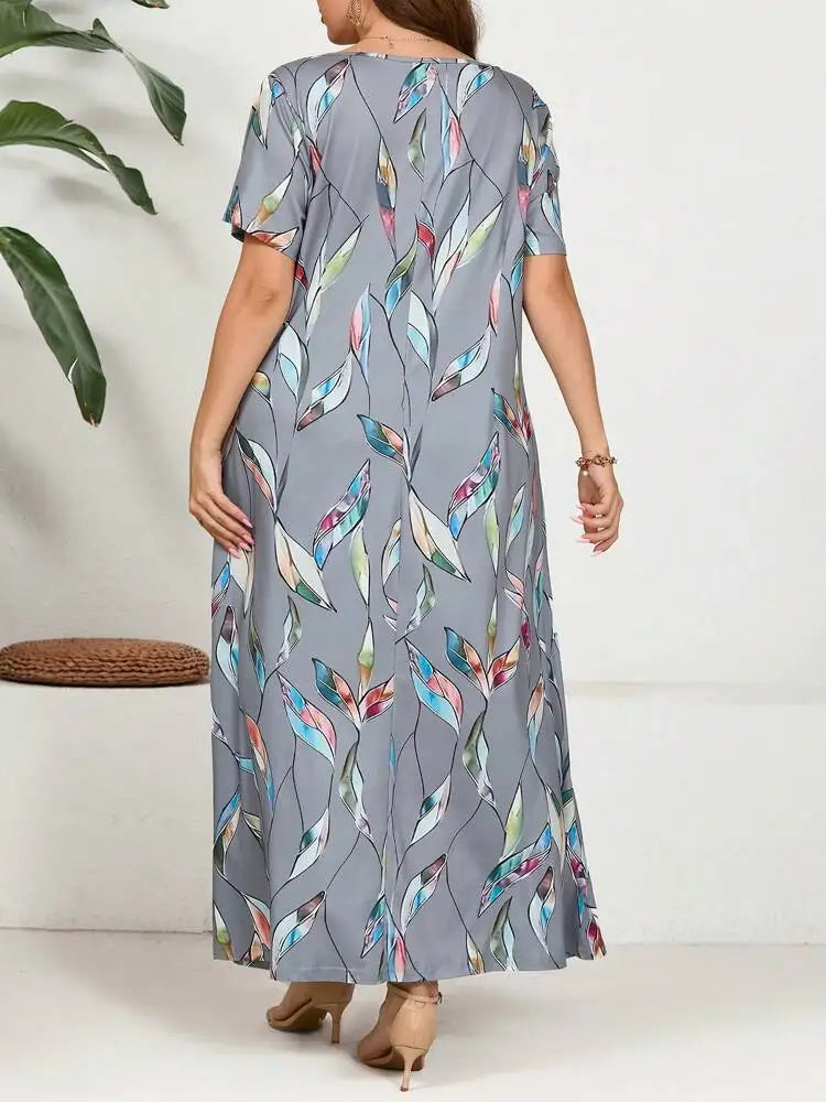 2024 primavera/verão nova moda feminina manga curta plus size impresso pena vestido tamanho grande
