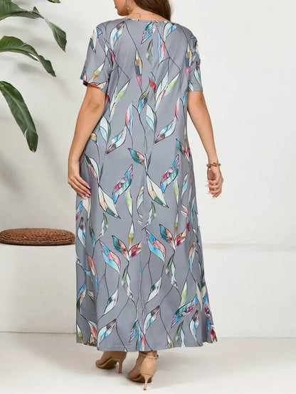 2024 primavera/verão nova moda feminina manga curta plus size impresso pena vestido tamanho grande