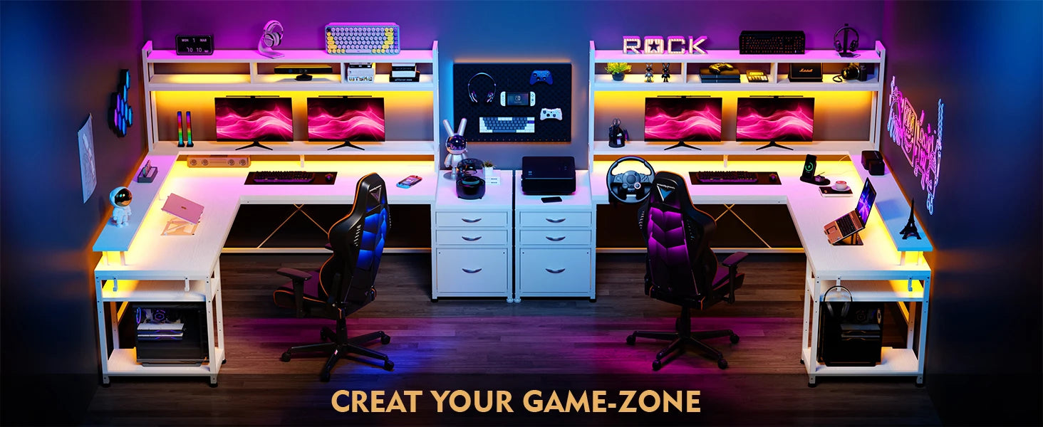 Escritorio para juegos en forma de L EnHomee con cajones, reversible, de 167 cm, para oficina en casa, con luz LED y tomas de corriente, color blanco.