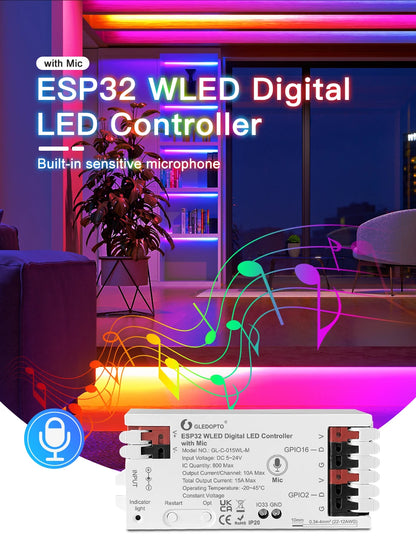 Controlador WLED ESP32 RGBIC COB LED Tira de luz Kit de cinta reactiva al sonido Música Sincronización Funciona con Alexa 24V 5 10 15 20 25 30 40 M