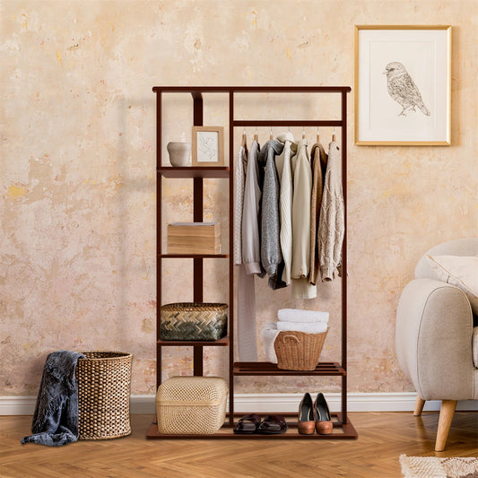 3-in-1 Bamboo Hall Tree, Clothes Rack with Shelves & Shoe Bench, Heavy Duty Clothes Organizer with hanging Rod