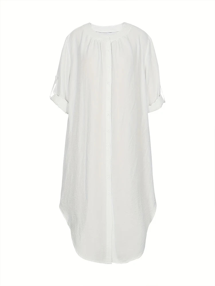 Vestido de talla grande para mujer, primavera y verano 2024, con botones de una sola fila, color liso, informal, suelto, largo, de poliéster.