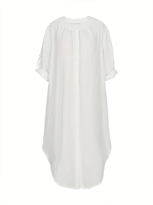 Vestido de talla grande para mujer, primavera y verano 2024, con botones de una sola fila, color liso, informal, suelto, largo, de poliéster.
