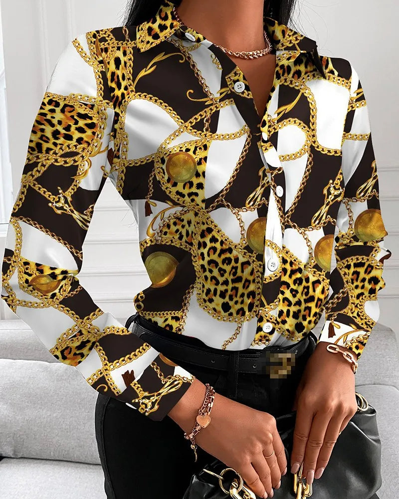 Camisas de moda para mujer con estampado de cadenas, flores, letras y cuadrados geométricos, cuello vuelto, manga larga