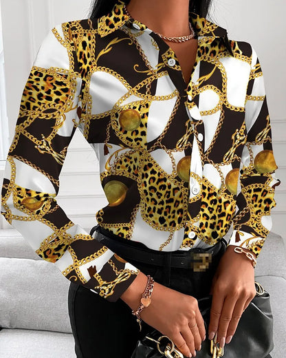 Camisas de moda para mujer con estampado de cadenas, flores, letras y cuadrados geométricos, cuello vuelto, manga larga