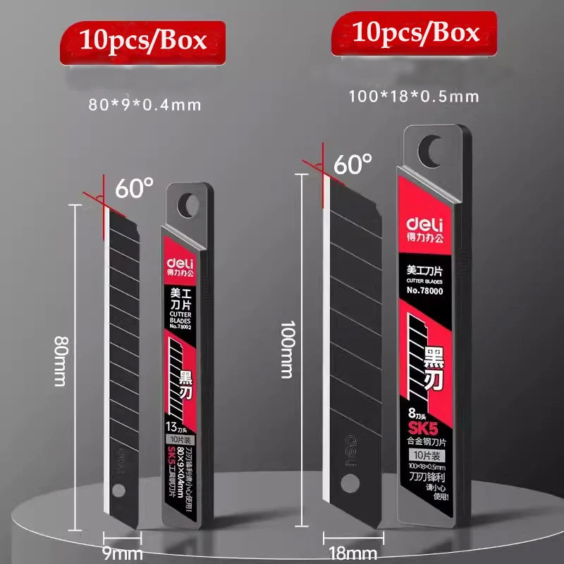 Deli 10pcs/box Knife Blade 9mm 18mm SK5 Metal Blades for Home School Supplies Art Craft Paper Box Cutting Utility Knife Tool