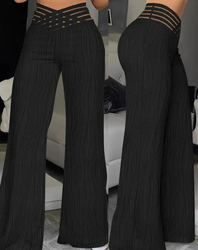 Fashion Office Ladies Trousers Elegant Crisscross Sheer Mesh Patch Casual High Waist Flared Pants for Women Clothes 2023 Summer