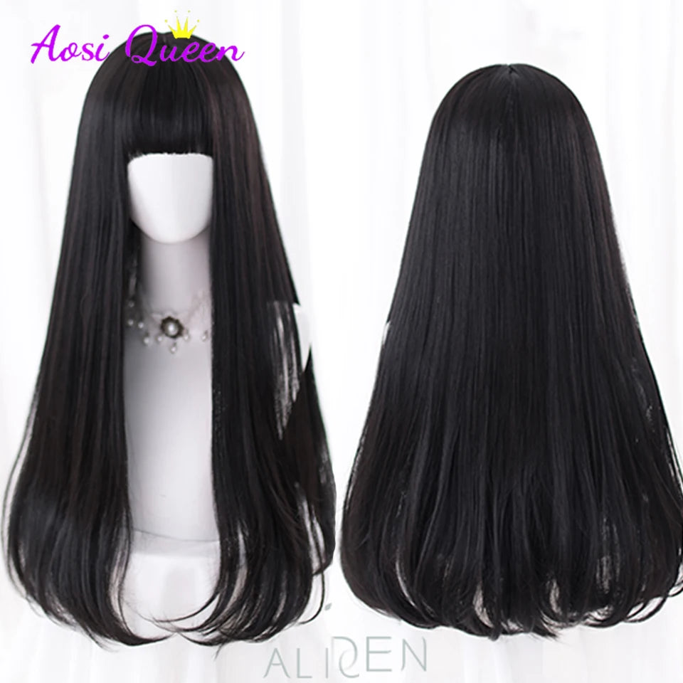 AS Long Straight Black Synthetic Wig For Women With Bangs Black Cosplay Lolita Wigs Heat Resistant Natural Hair