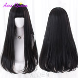 AS Long Straight Black Synthetic Wig For Women With Bangs Black Cosplay Lolita Wigs Heat Resistant Natural Hair