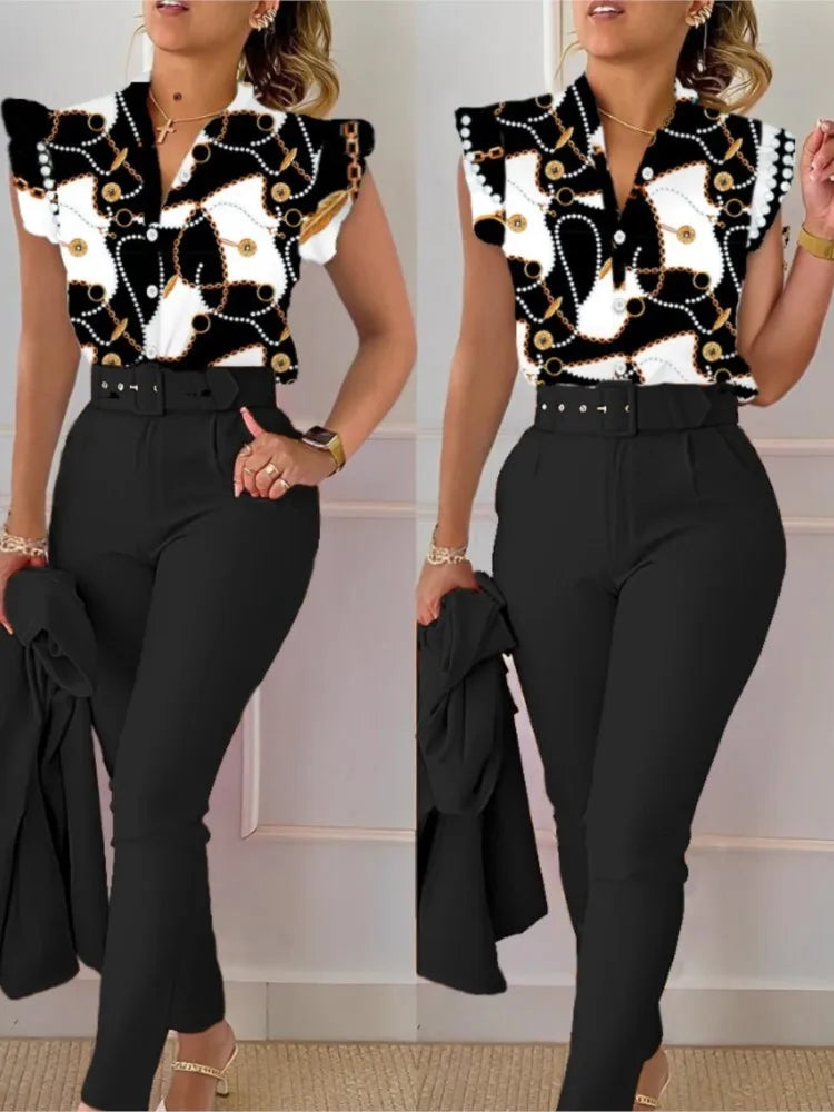 Conjunto elegante de dos piezas ajustado para mujer, moda de verano, estampado de cuello en V, botones, manga acampanada, camisa y pantalón largo liso con cinturón