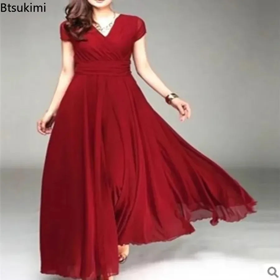 2026 Women's V Neck Short Sleeve Evening Party Dress Temperament Solid Colour Long Cocktail Chiffon High Waist Summer Dresses