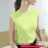 Summer Ice Silk Loose Fashionable Simple Pure Color round Neck Fly Sleeve T Shirt Women Short Sleeve Simple Style Crew Neck