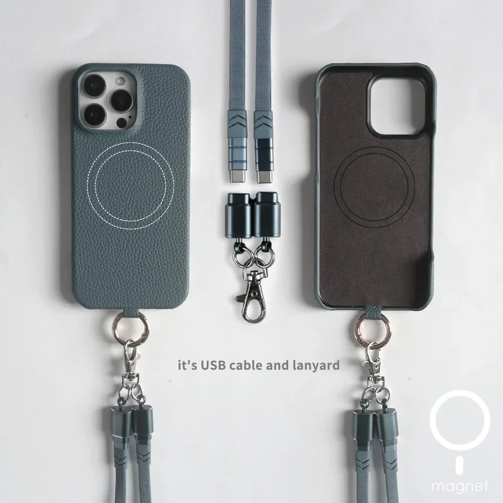 Funda de piel auténtica personalizable con cordón de carga para iPhone 16 Pro Max, 15, 14, 13, 12 y 11, con funda magnética.