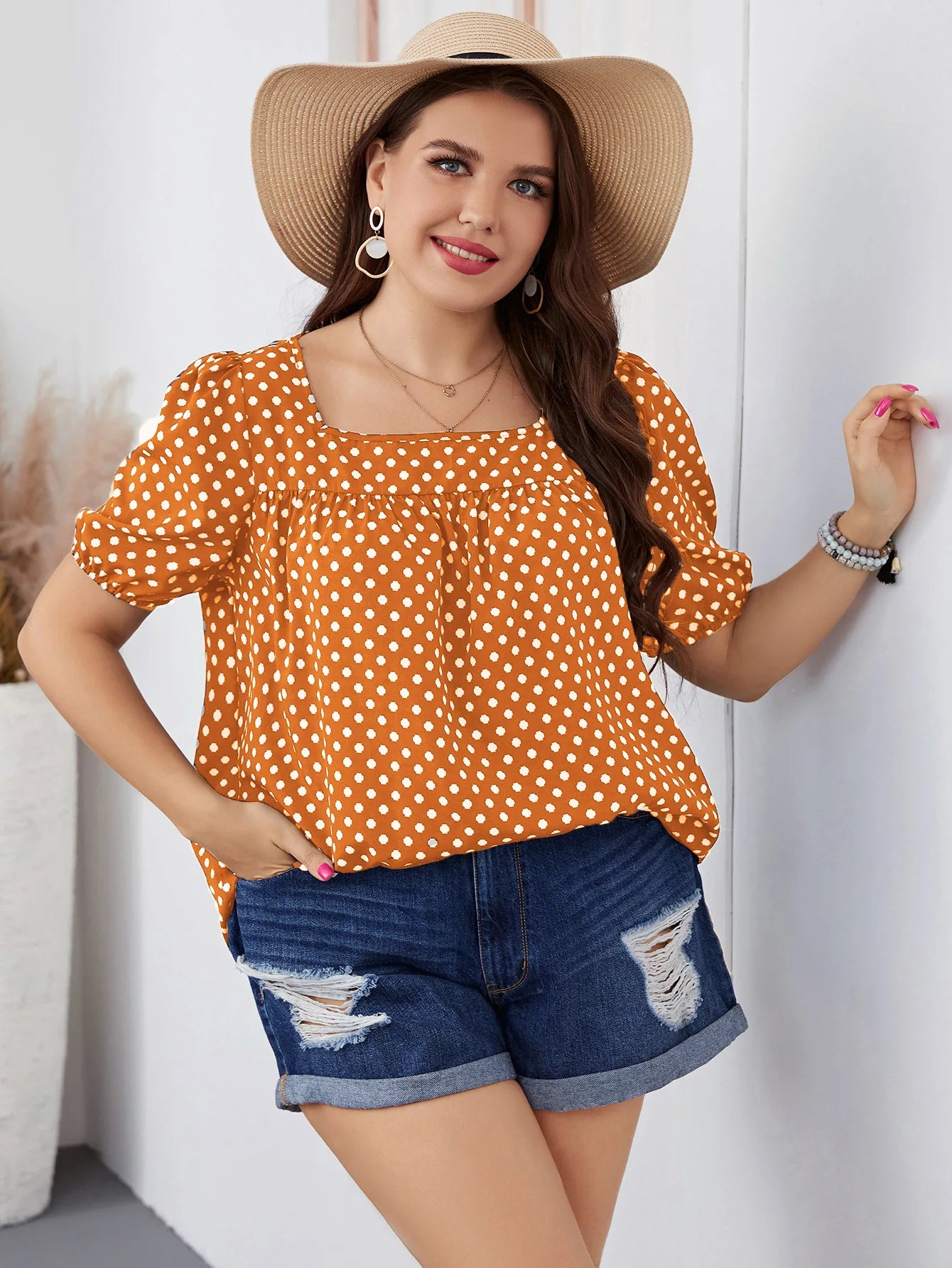 Fairyshely 2025 Summer Casual Print Plus Size Top Women Square Collar Loose Large T-shirt Lady Short Sleeve Elegant Curvy Tops