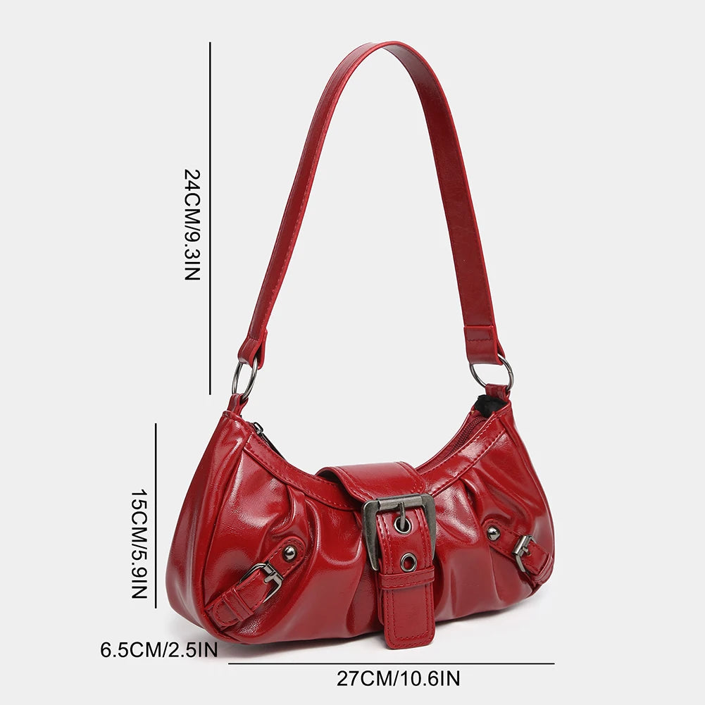 Women's Pleated Hobo Red Shoulder Bag Vintage Leather Spicy Girl Y2K Armpit Bag Rivet Belt Trendy Saddle Bag Travel Commuter Bag