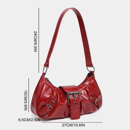 Women's Pleated Hobo Red Shoulder Bag Vintage Leather Spicy Girl Y2K Armpit Bag Rivet Belt Trendy Saddle Bag Travel Commuter Bag