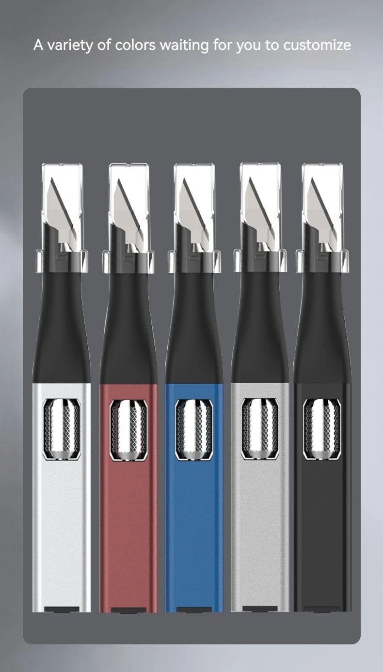 Cuchillo para trinchar con mango de aluminio en forma de bolígrafo, incluye 5 hojas con diseño de herradura que puedes reemplazar tú mismo.