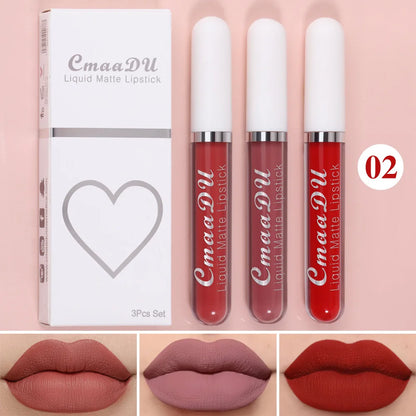 Juego de 3 brillos labiales de terciopelo mate, resistentes al agua, de larga duración, líquidos, cosméticos, maquillaje que dura 24 horas.