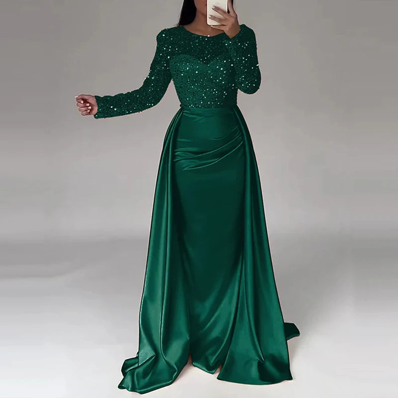 Luxury Banquet Long Sleeve Sequins Evening Dress Temperament O Collar Prom Gown Chic Patchwork Slim Pleated 2025 New Year Dress