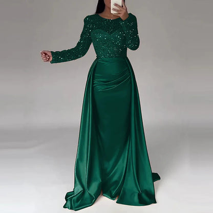 Luxury Banquet Long Sleeve Sequins Evening Dress Temperament O Collar Prom Gown Chic Patchwork Slim Pleated 2025 New Year Dress