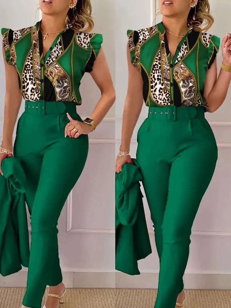 Conjunto elegante de dos piezas ajustado para mujer, moda de verano, estampado de cuello en V, botones, manga acampanada, camisa y pantalón largo liso con cinturón