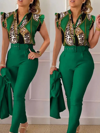 Conjunto elegante de dos piezas ajustado para mujer, moda de verano, estampado de cuello en V, botones, manga acampanada, camisa y pantalón largo liso con cinturón