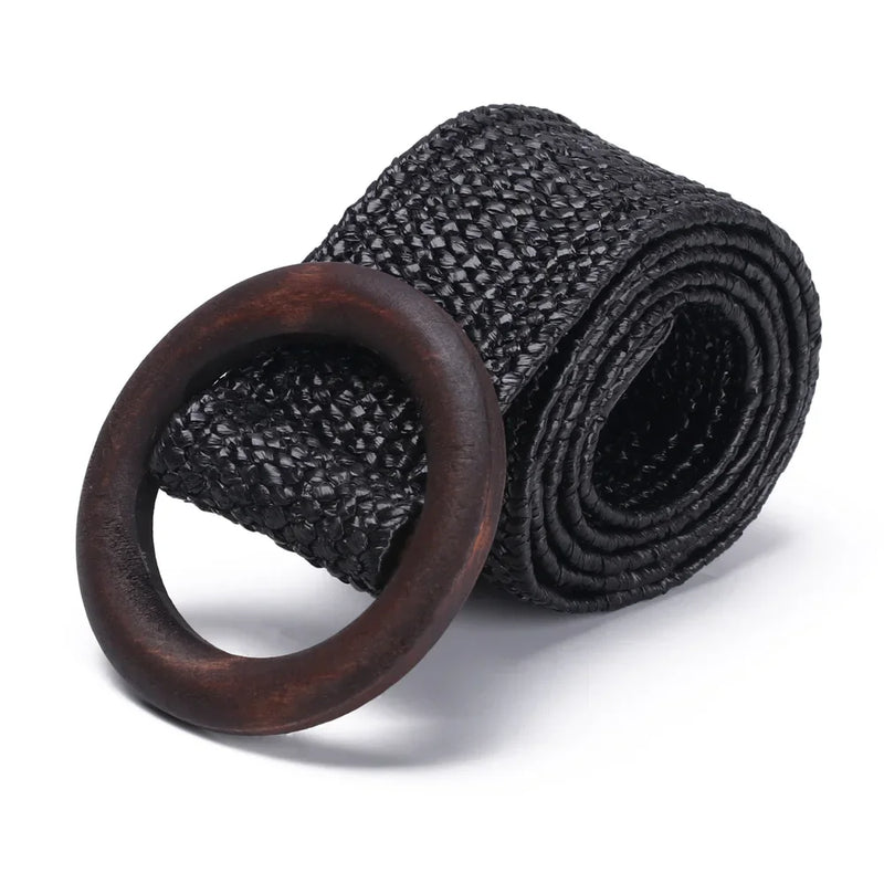 1PC Women Fashion Casual Straw Belt Round Wooden Buckle Elastic Waist Chain Belly Necklace Body Jewelry Dress Shirt Accessories